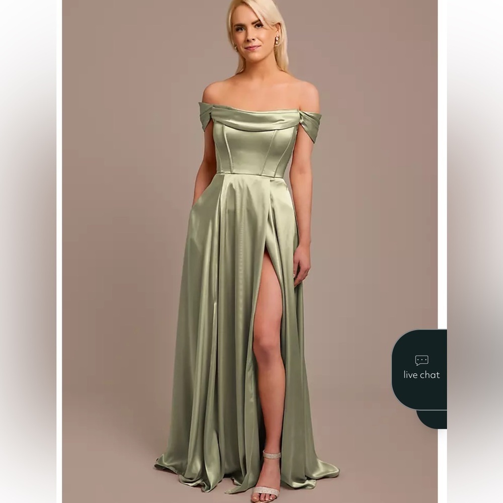 David’s Bridal GALINA SIGNATURE Off-the-Shoulder Dress- Eucalyptus